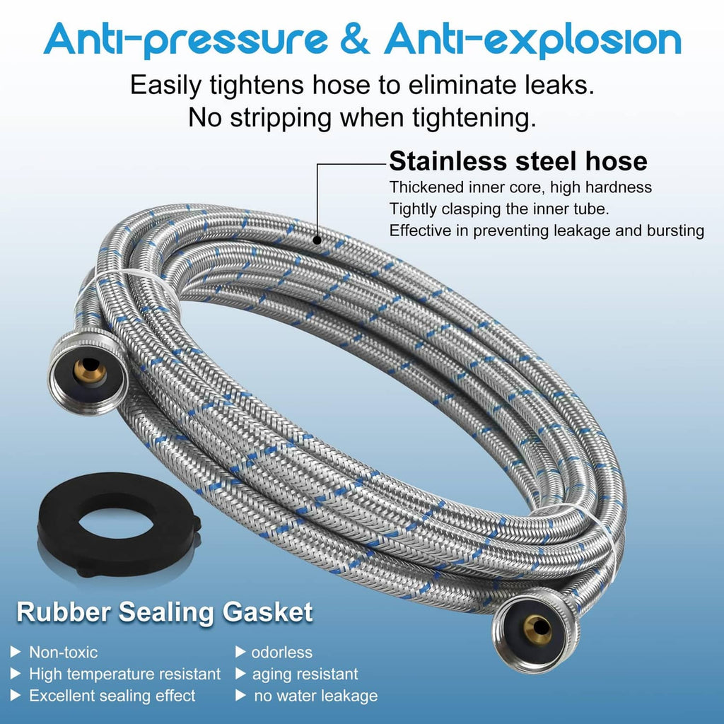 Stainless steel washer hose with rubber sealing gasket, braided sleeve, and brass connectors