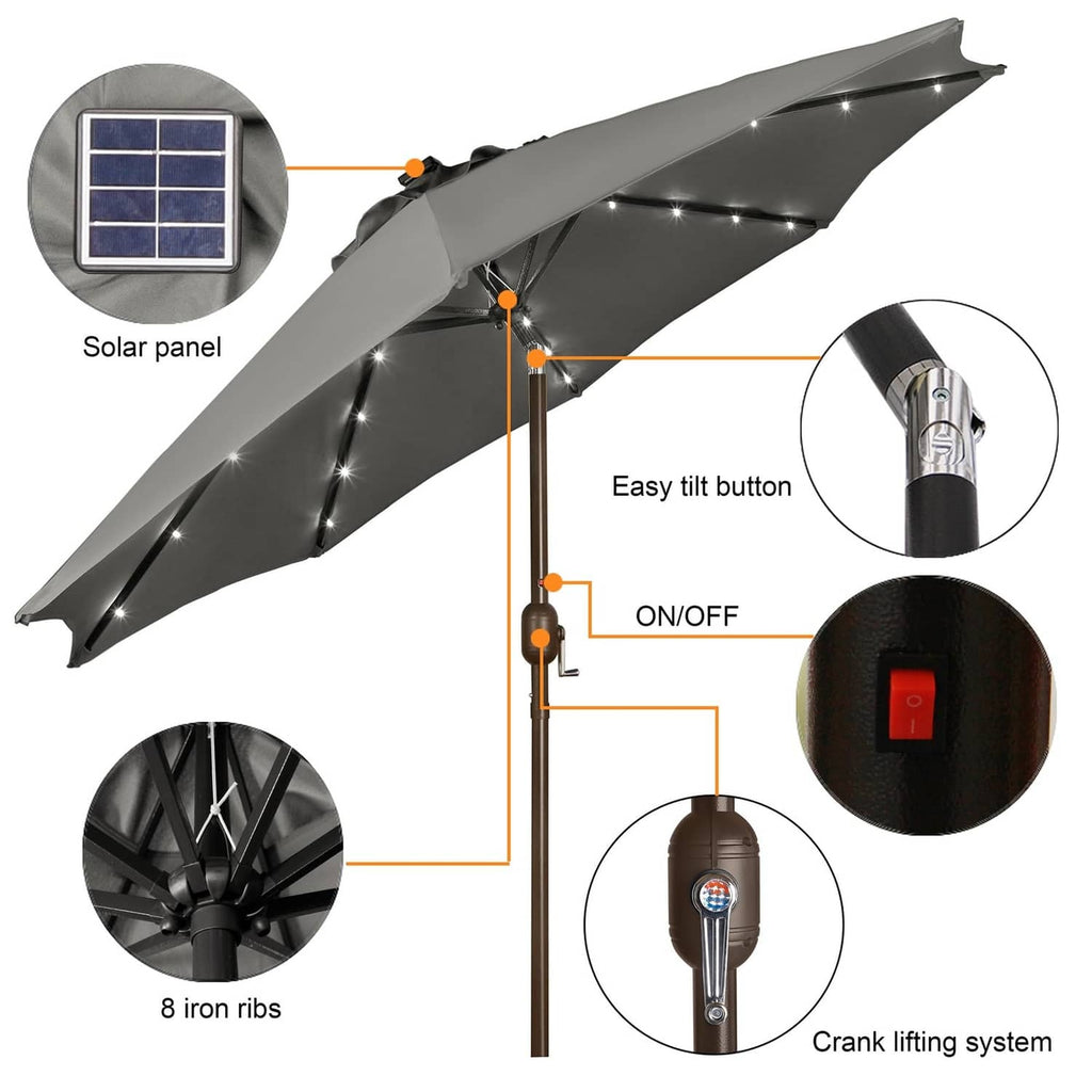 Gray solar LED patio umbrella with solar panel, tilt button, and on/off switch
