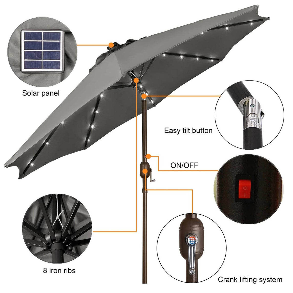 Gray solar LED patio umbrella with solar panel, tilt button, and on/off switch