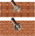 Leather stamping tool with square metal head creating diamond texture on tan leather