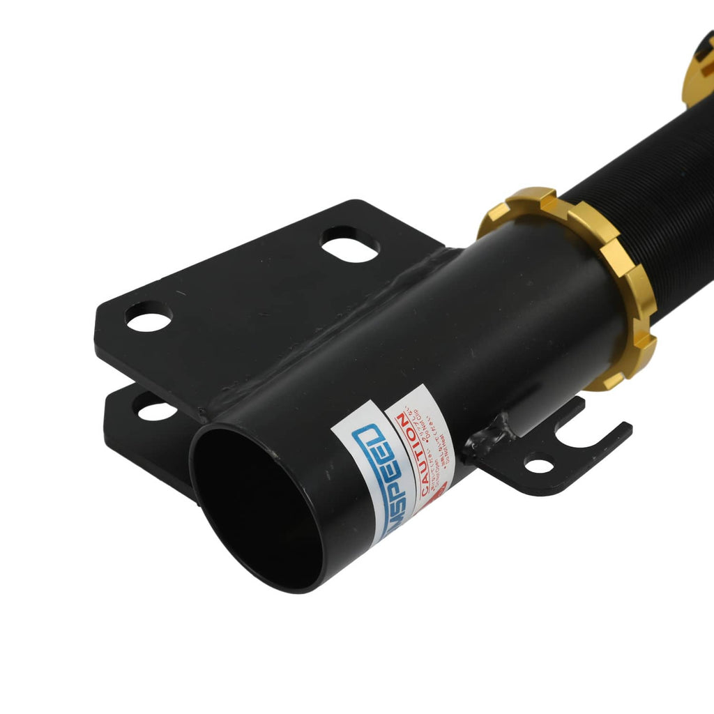Coilover strut mount bracket with black tube and gold collar hardware