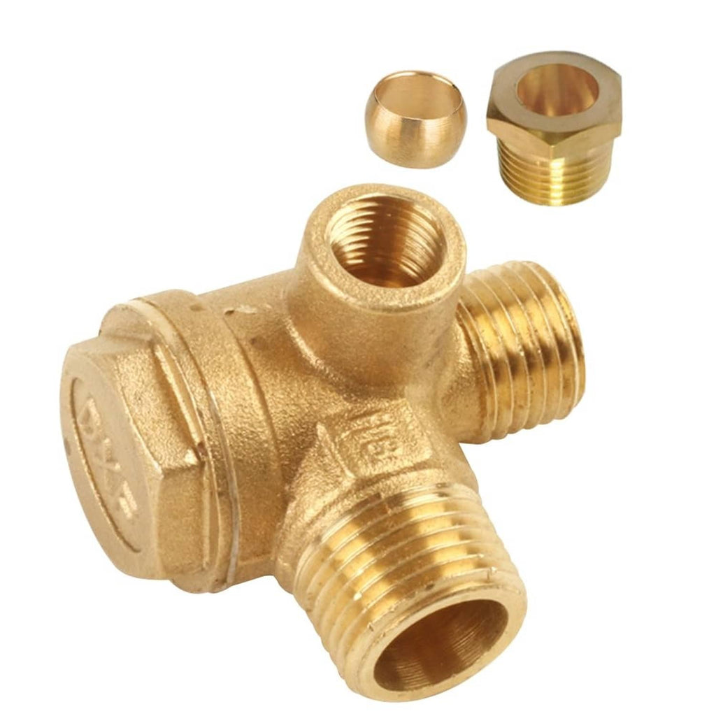 Brass air compressor check valve with 3-way body and multiple threaded ports