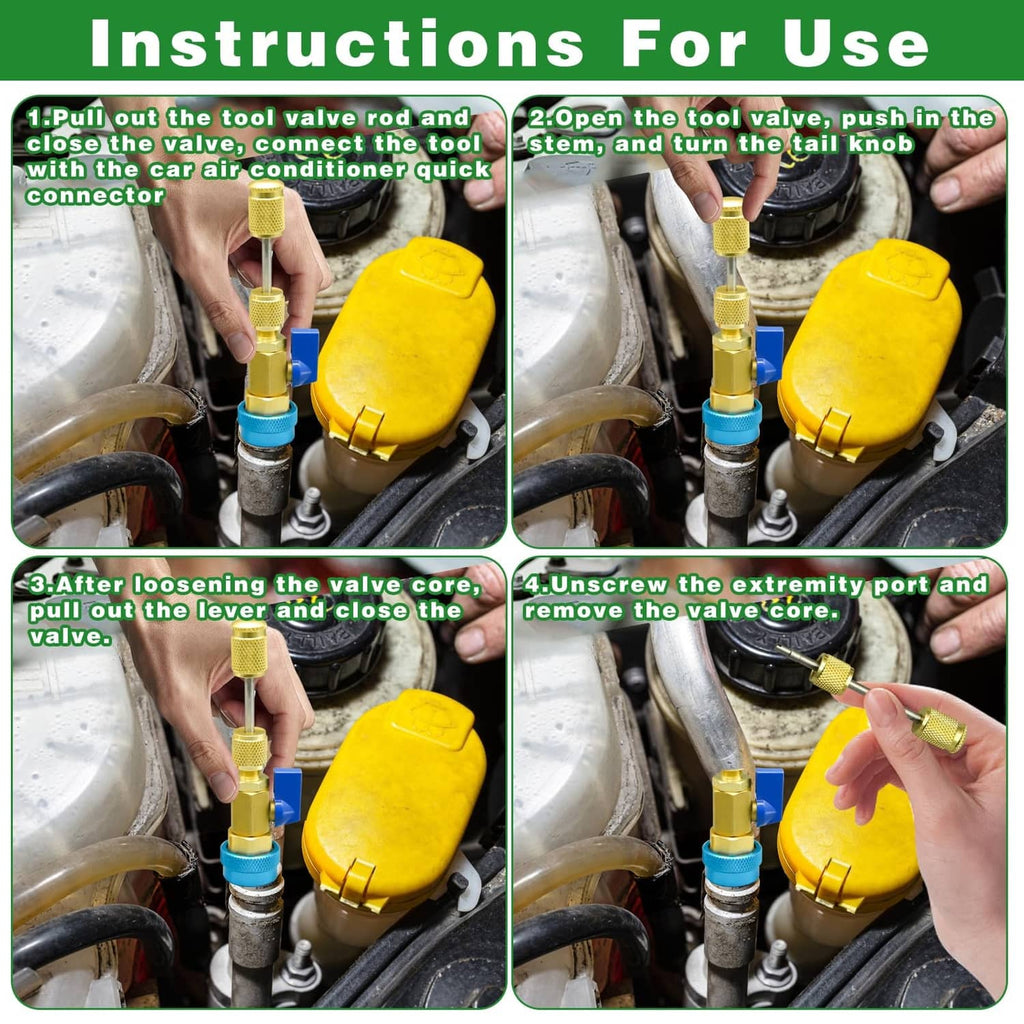 R134A valve core remover tool for AC service port with gold probe and blue valve stem