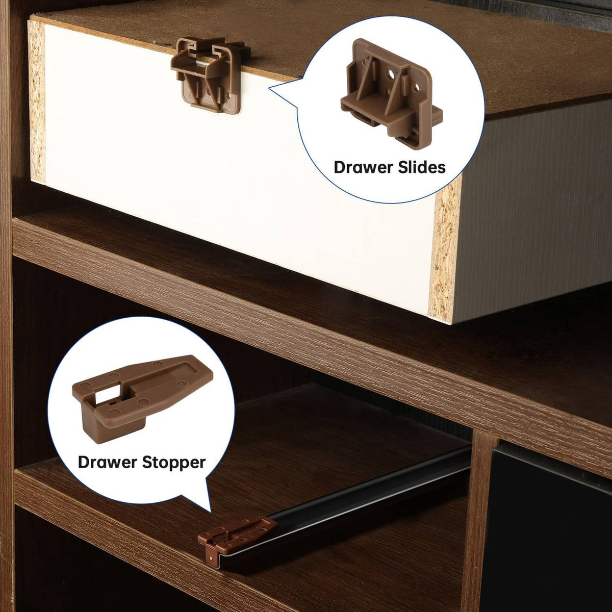 Brown plastic drawer slide with stopper, replacement drawer guide hardware