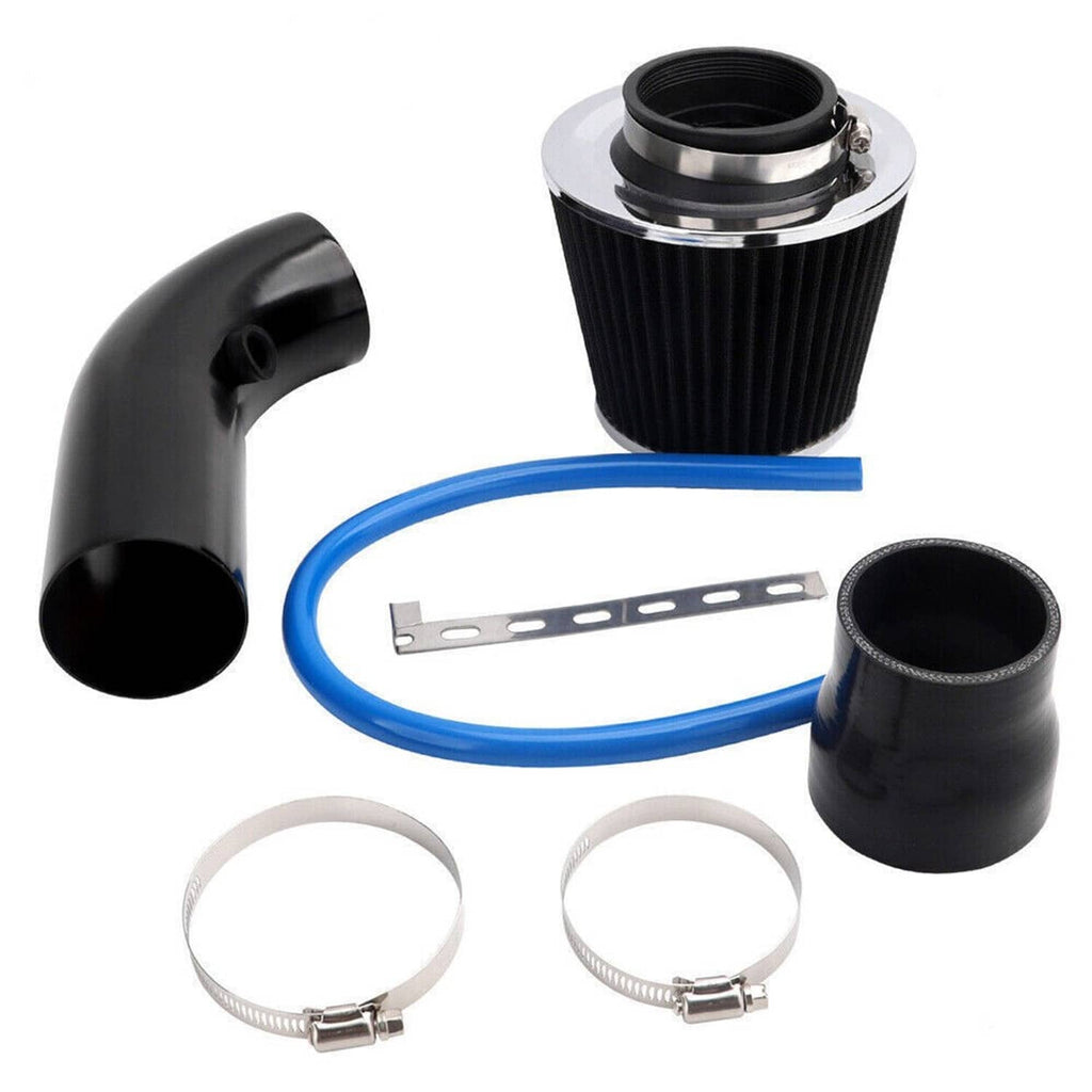 Universal cold air intake kit parts: black filter, blue hose, black elbows, clamps and bracket