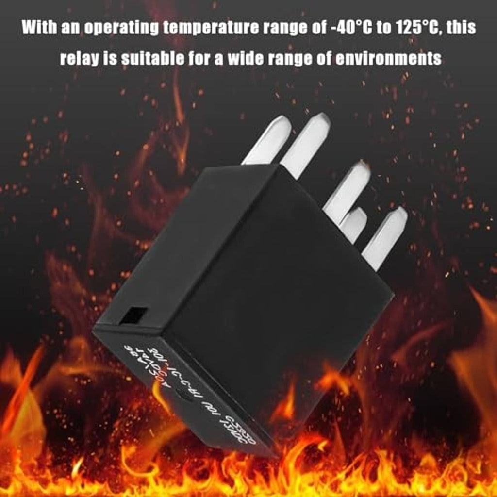 Black five-pin automotive relay with top label, three-quarter view with pin legs