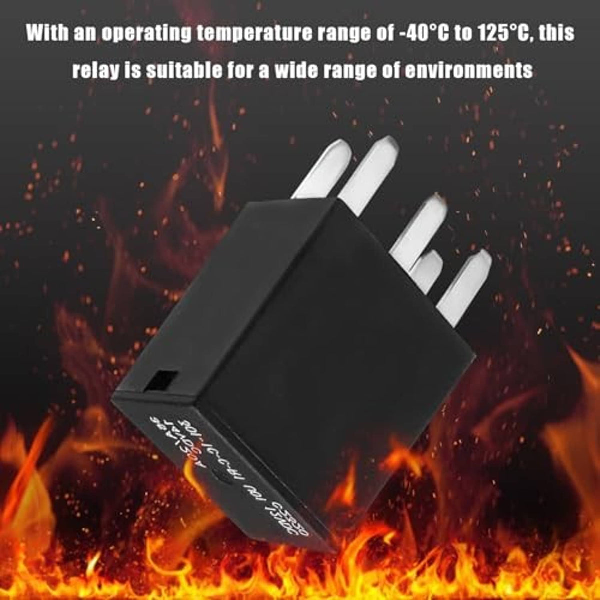 Black five-pin automotive relay with top label, three-quarter view with pin legs