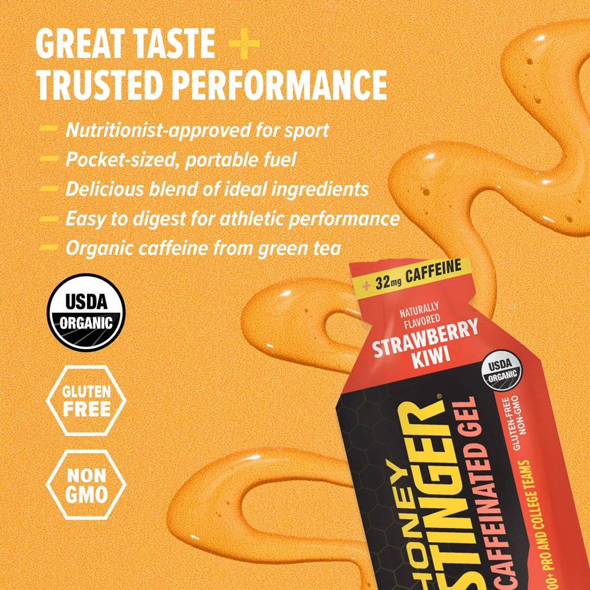 Strawberry kiwi caffeinated gel pouch with Honey Stinger label and honey drip graphics