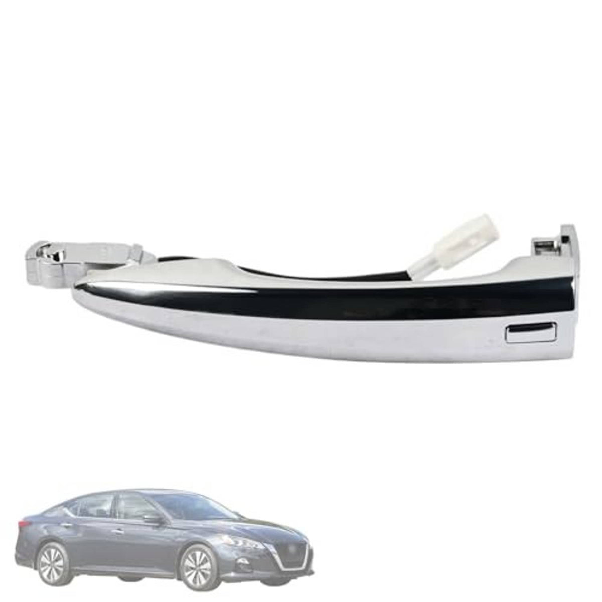 Front exterior chrome door handle, passenger side, showing rectangular button trim