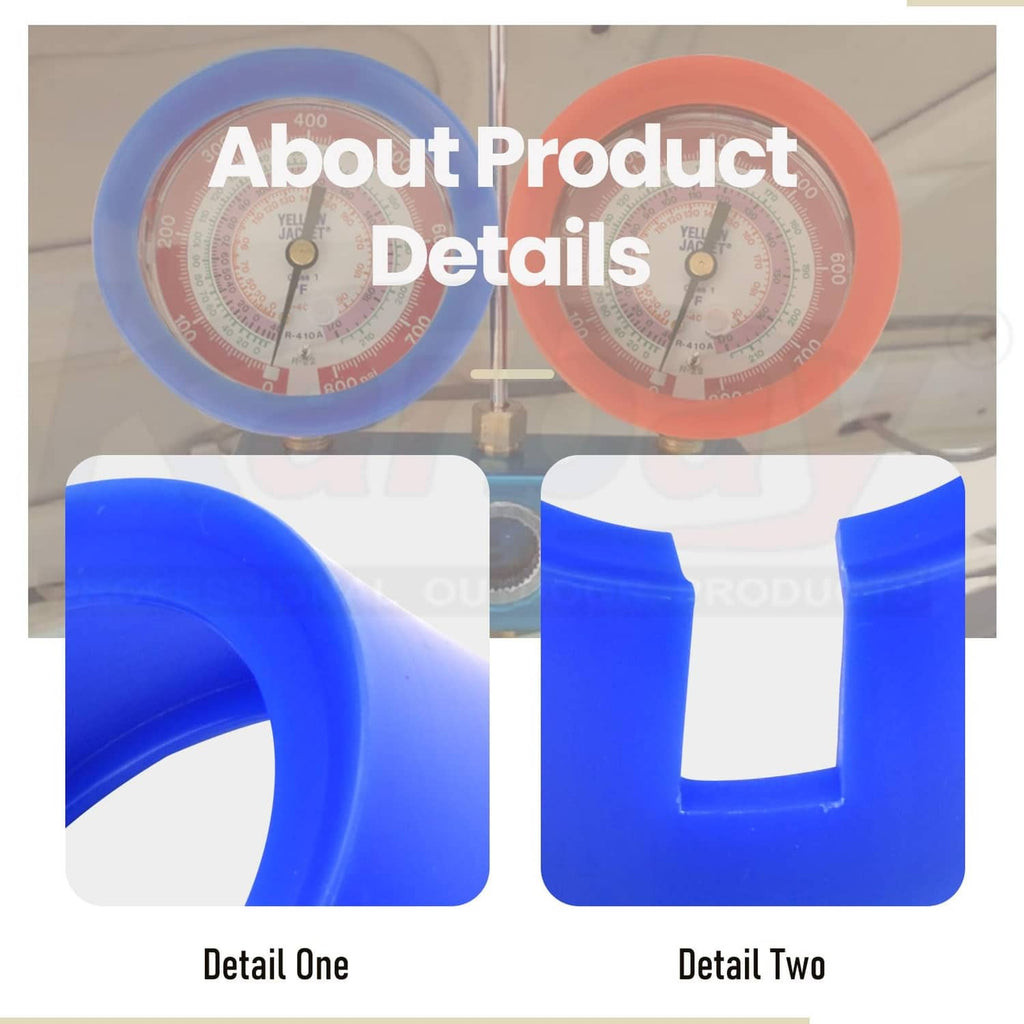 Blue and red rubber gauge boot covers, close-up of protective sleeves