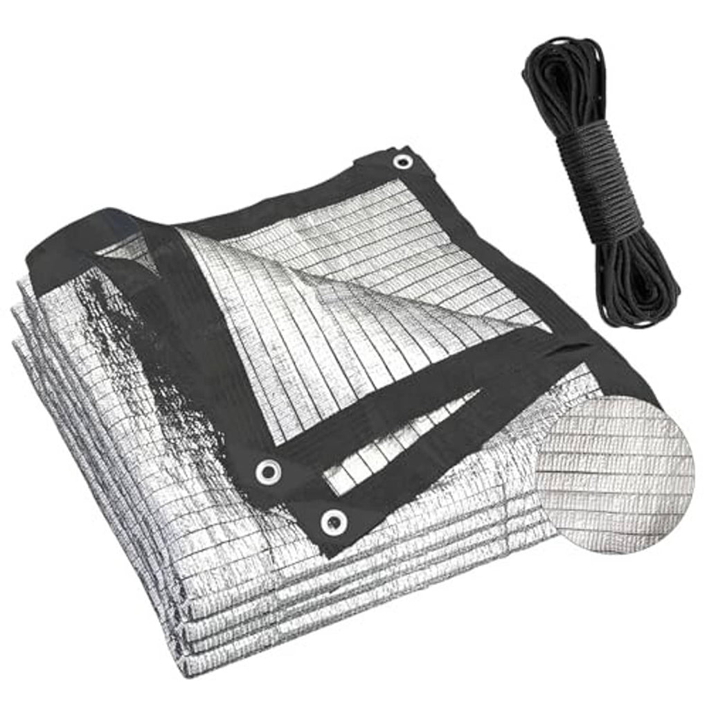 Rolled silver mesh shade cloth tarp with black borders and fastening grommets, tie bundle