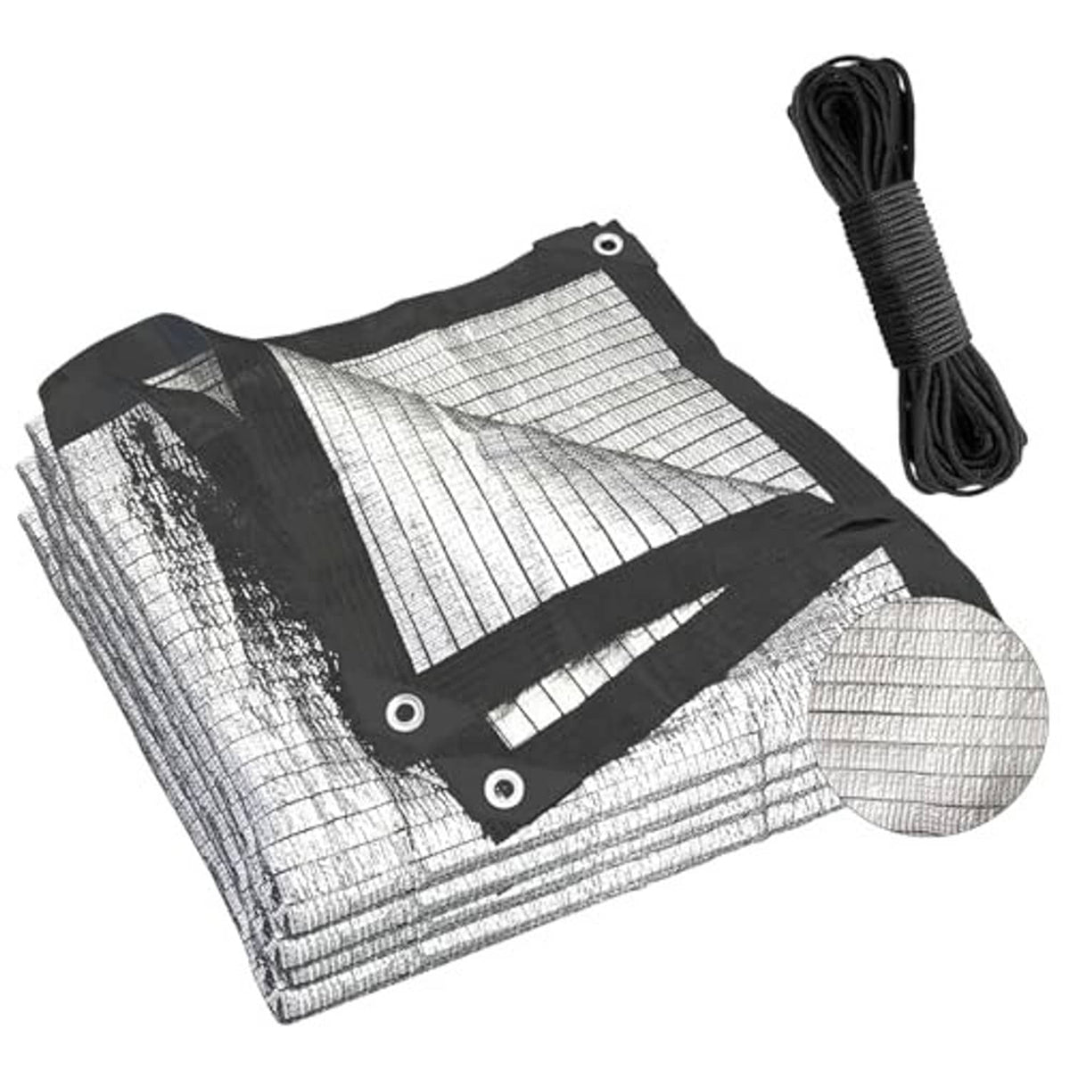 Rolled silver mesh shade cloth tarp with black borders and fastening grommets, tie bundle