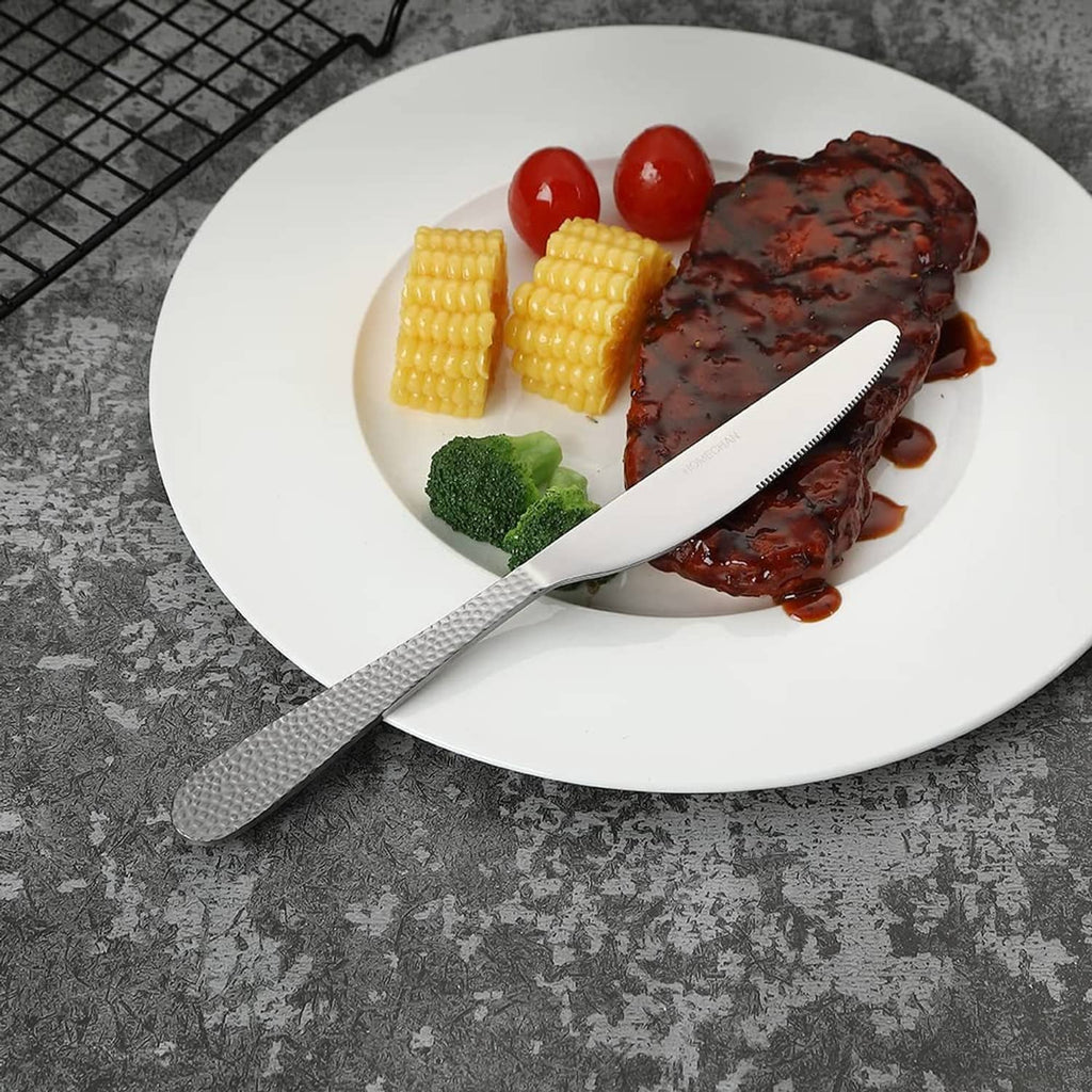 Hammered stainless steel dinner knife and fork, silver finish