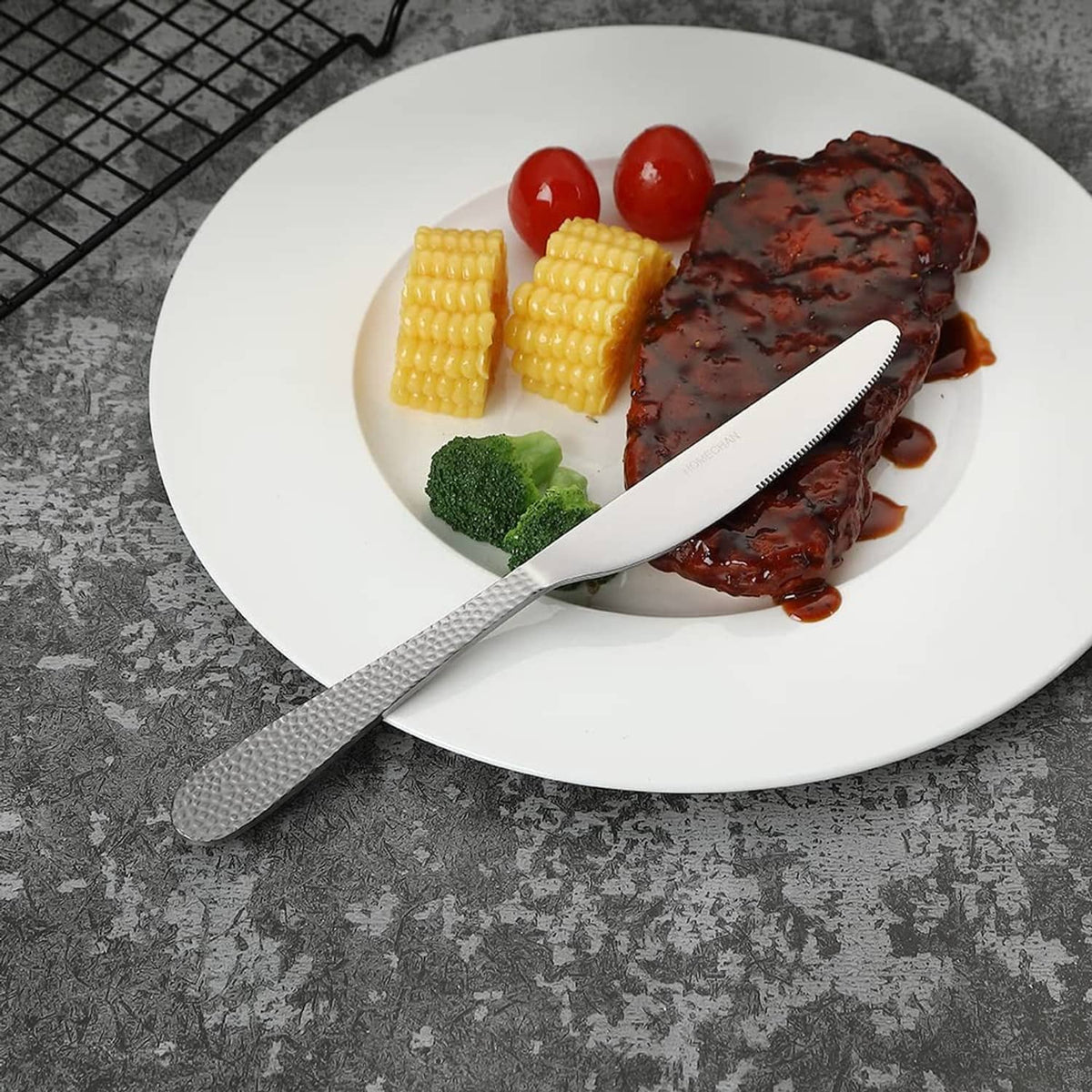 Hammered stainless steel dinner knife and fork, silver finish
