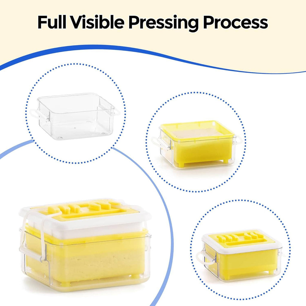 Tofu press showing clear container and yellow base with raised draining grid.