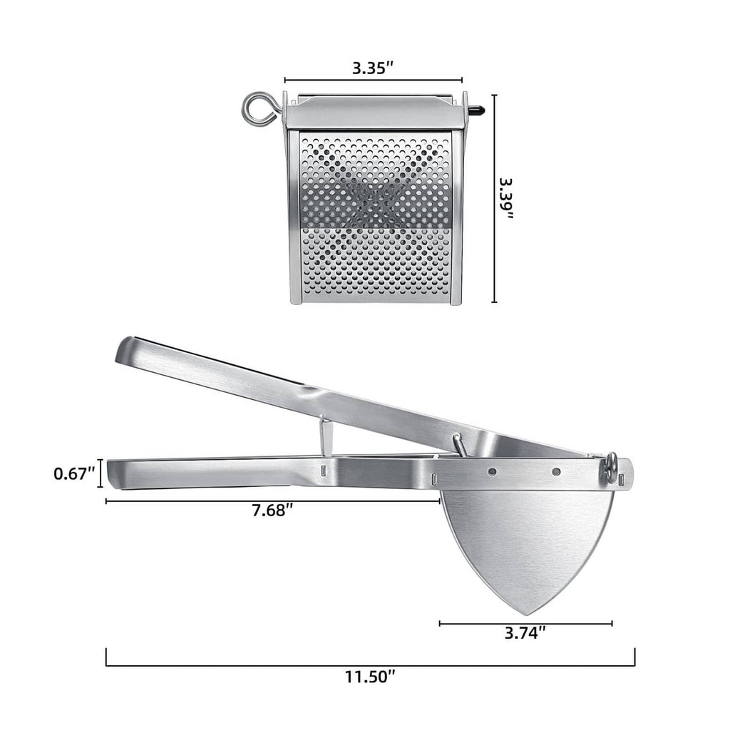 Stainless steel potato ricer shown with perforated basket and handle dimensions