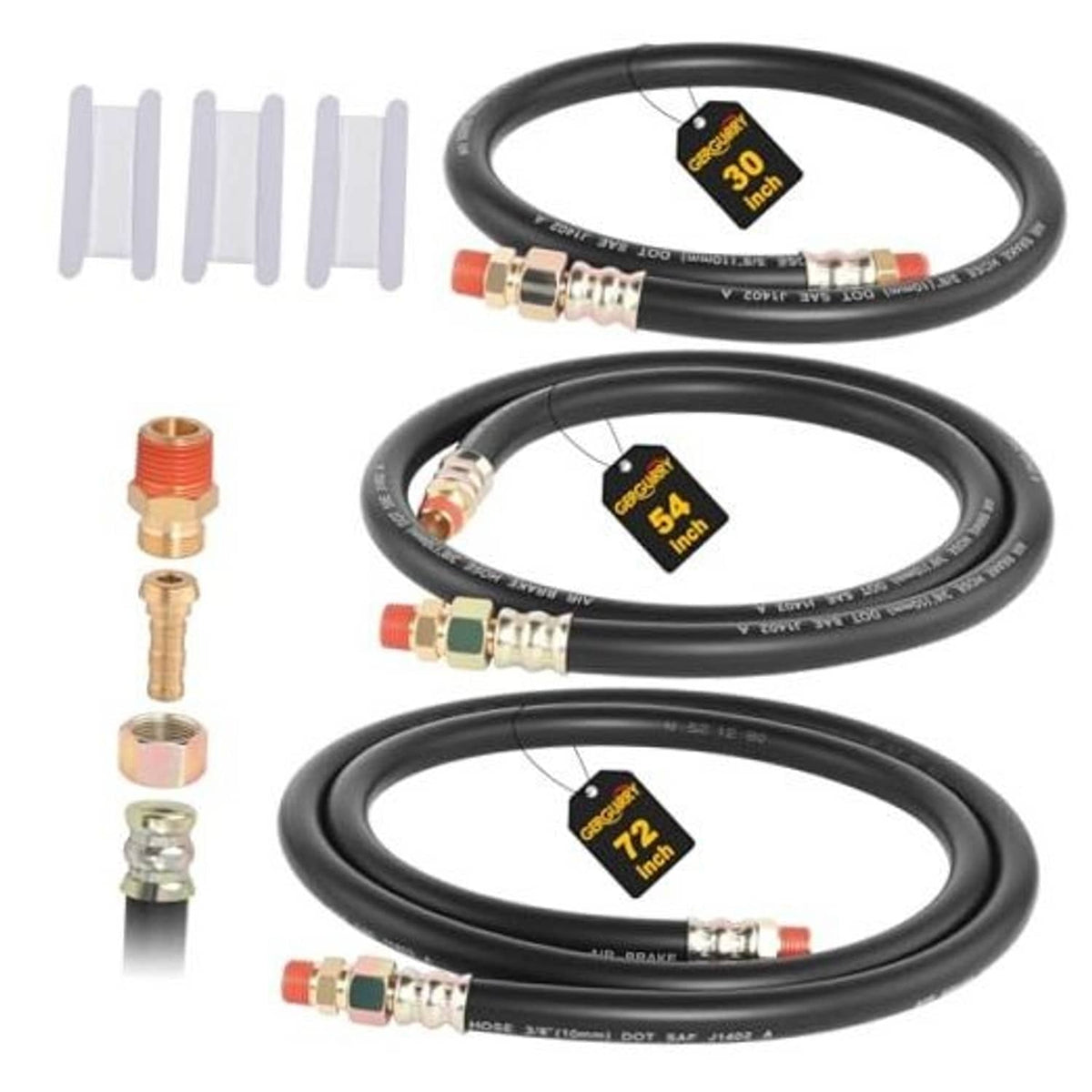 Set of 3 black air brake hoses with brass fittings labeled 30 in, 54 in, 72 in