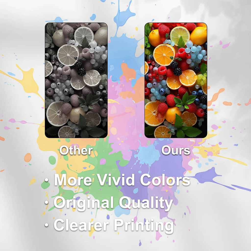 Ink color print comparison cards showing grayscale and colorful fruit images