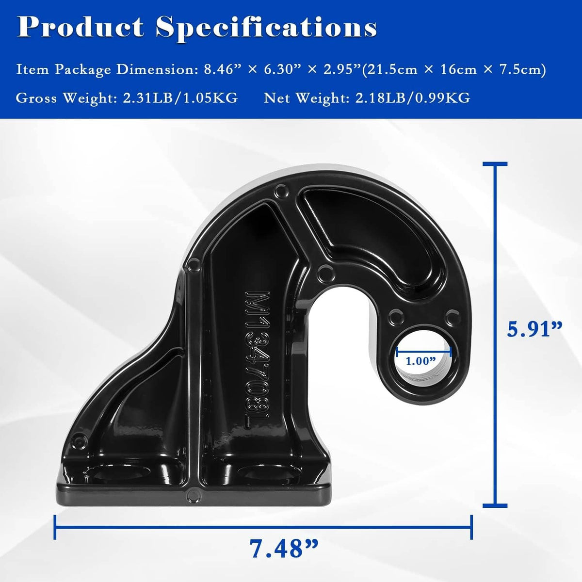 Black left lower hood pivot bracket with mounting holes and curved base