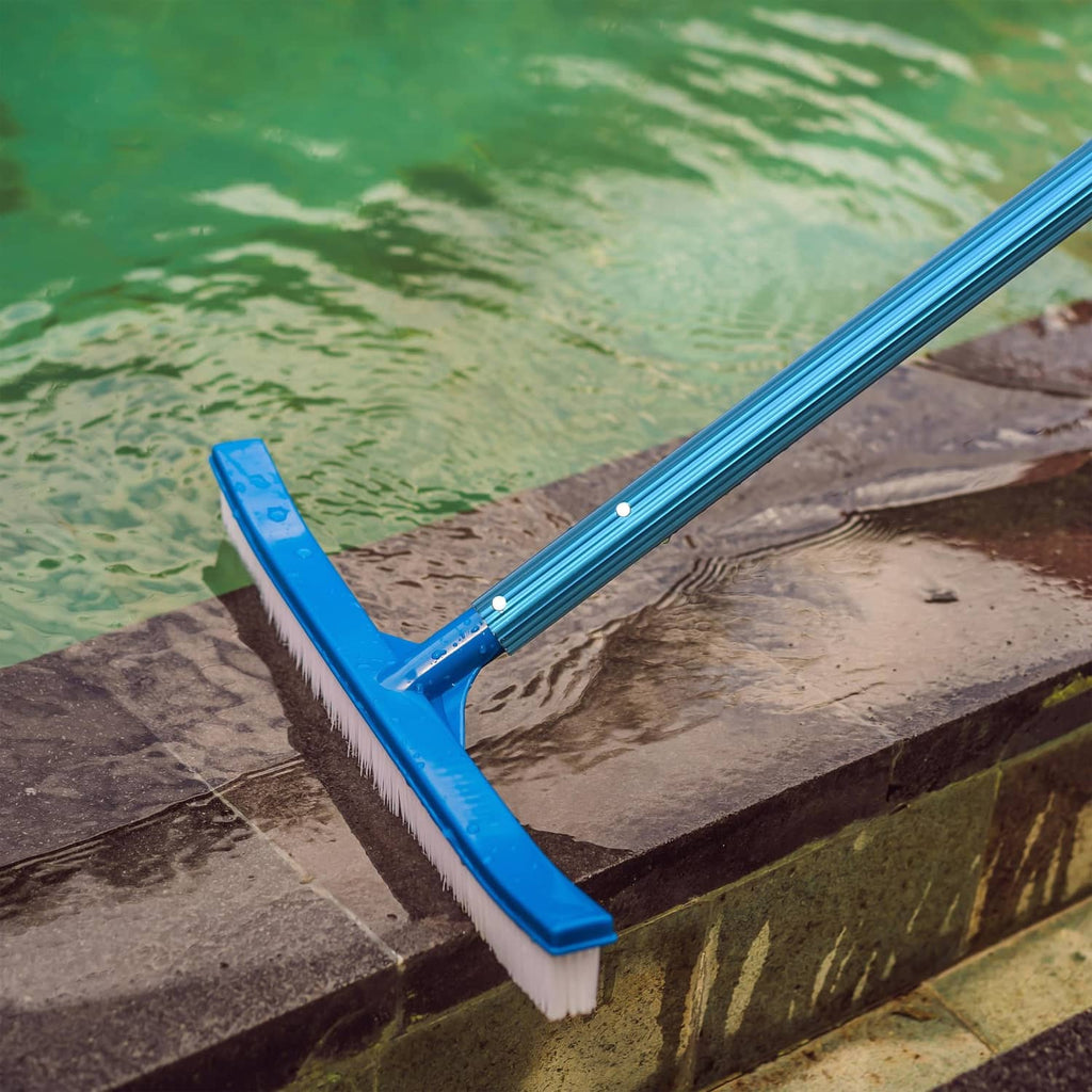 Blue pool cleaning pole with angled brush head and white bristles at ledge