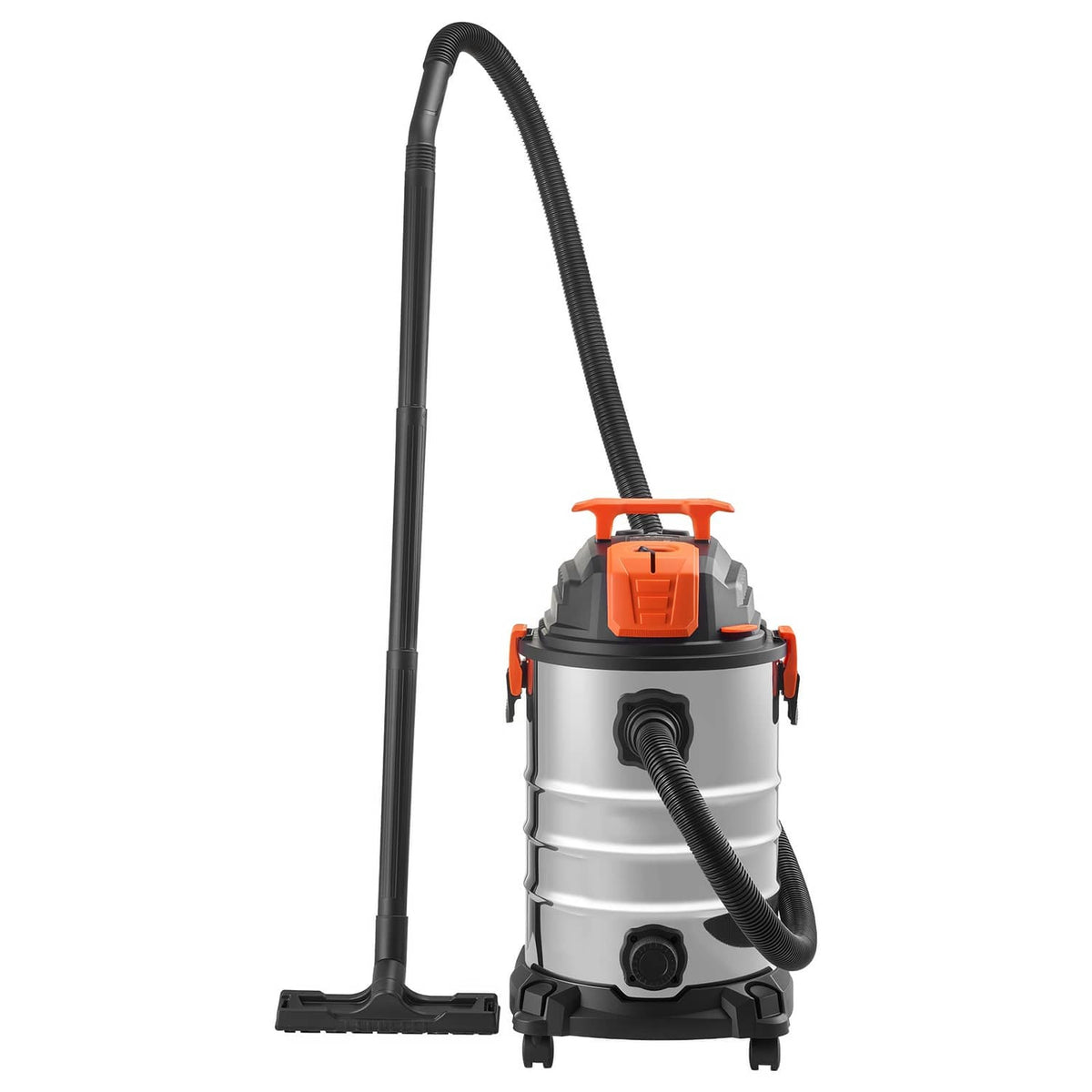 Uimoso wet/dry vacuum with metal tank and orange controls, upright with hose and nozzle