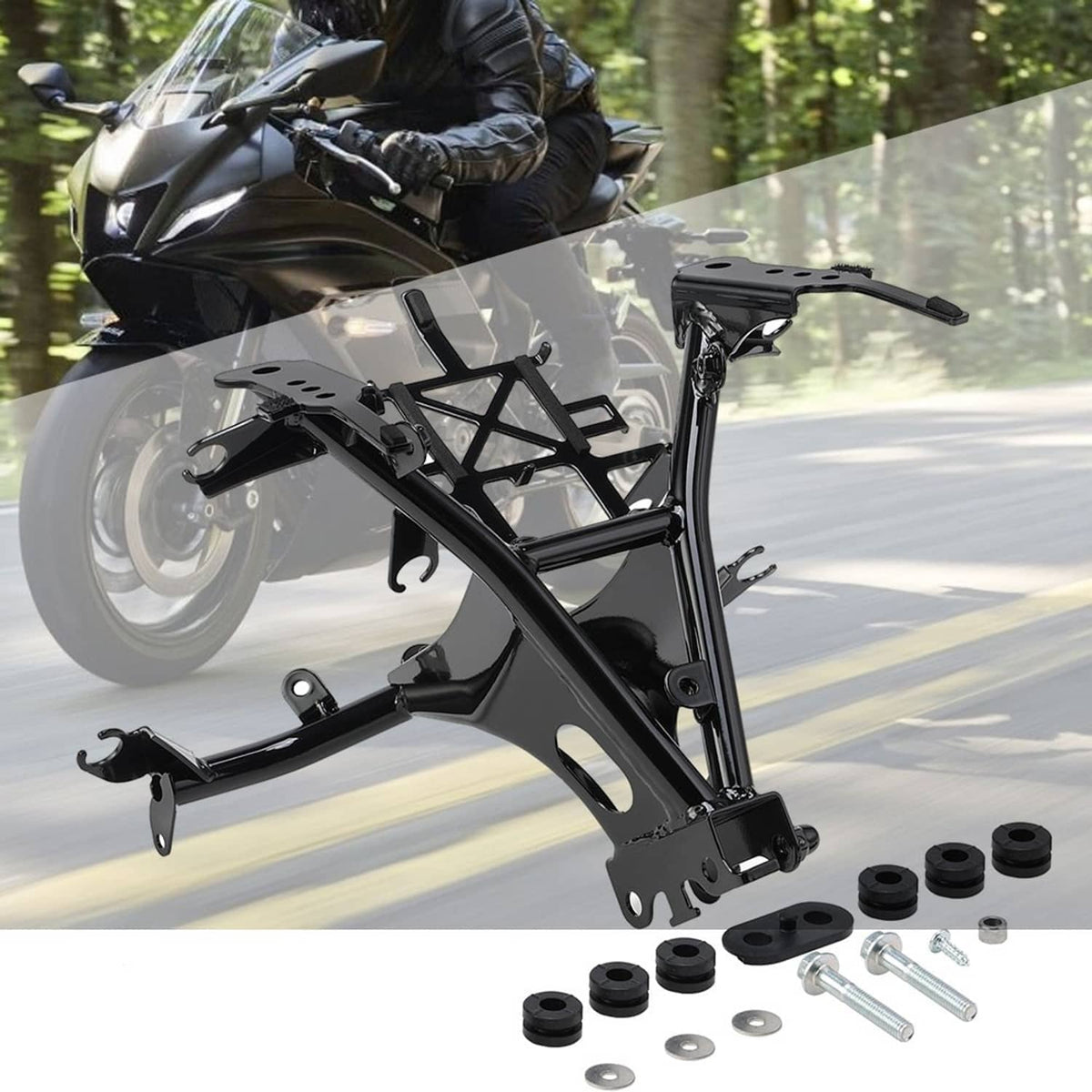 Black front fairing stay bracket with side mounting tabs and included fasteners