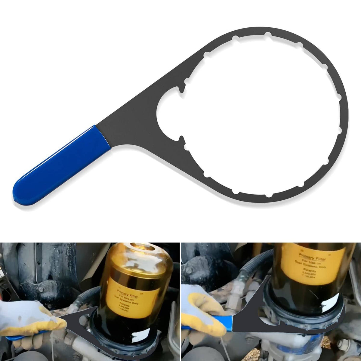 Fuel filter wrench with blue handle and large circular head, angled view.