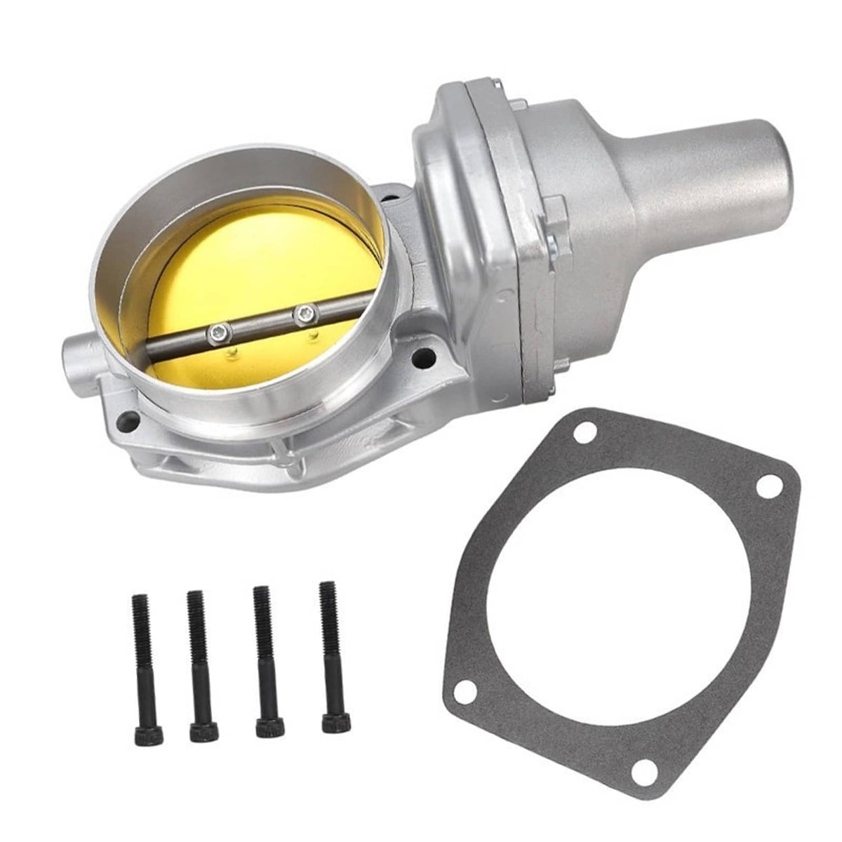 90mm throttle body angled view with gold throttle bore, gasket, and four black screws