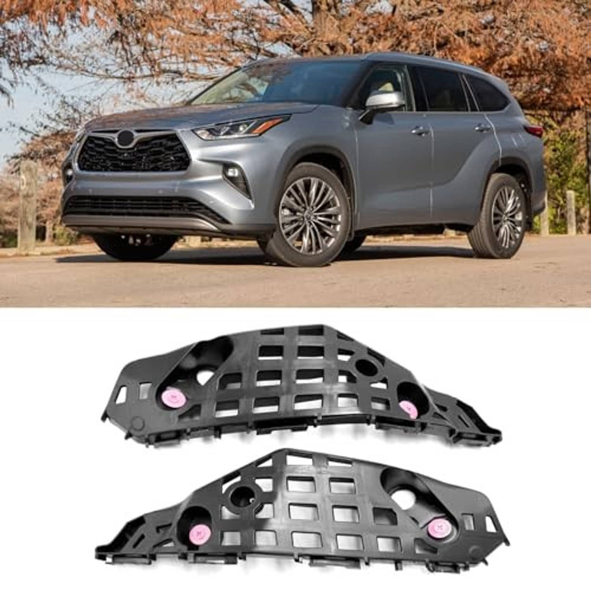 Two black bumper bracket pieces with grille-like openings and bolt holes, 2-piece set