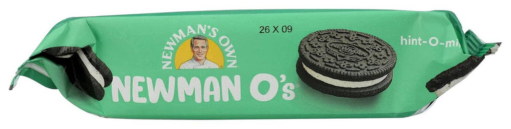 Front side view of Newman O's hint-O-mint cookie package with cookie illustration