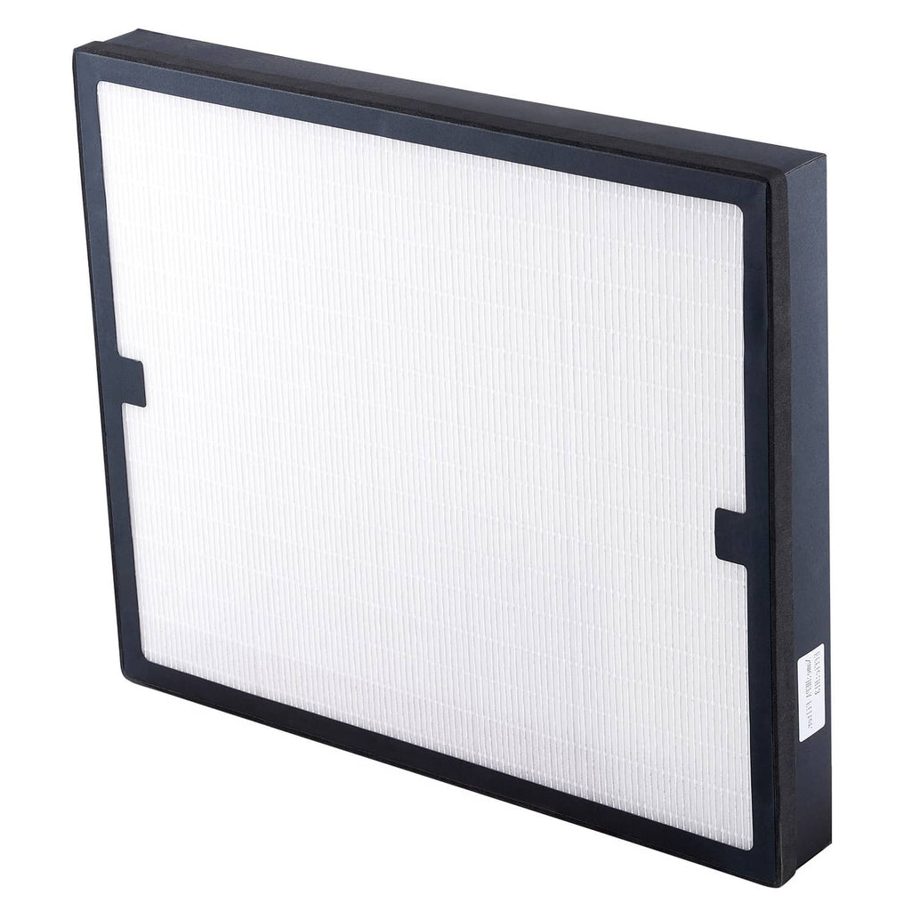 Replacement HEPA air filter with dark frame and white pleated media, 16x19 in