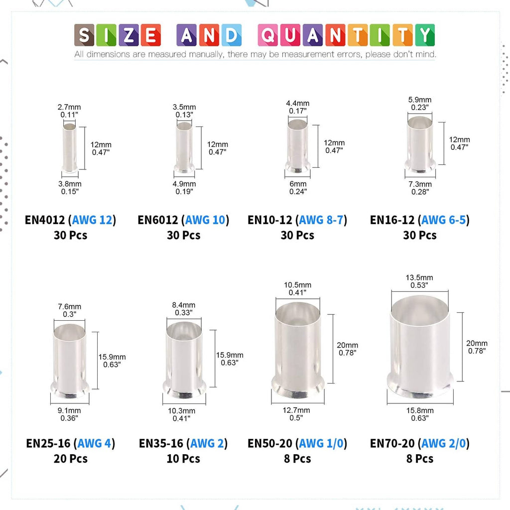 Wire ferrules size chart with EN codes and quantities for AWG 12 to 2/0