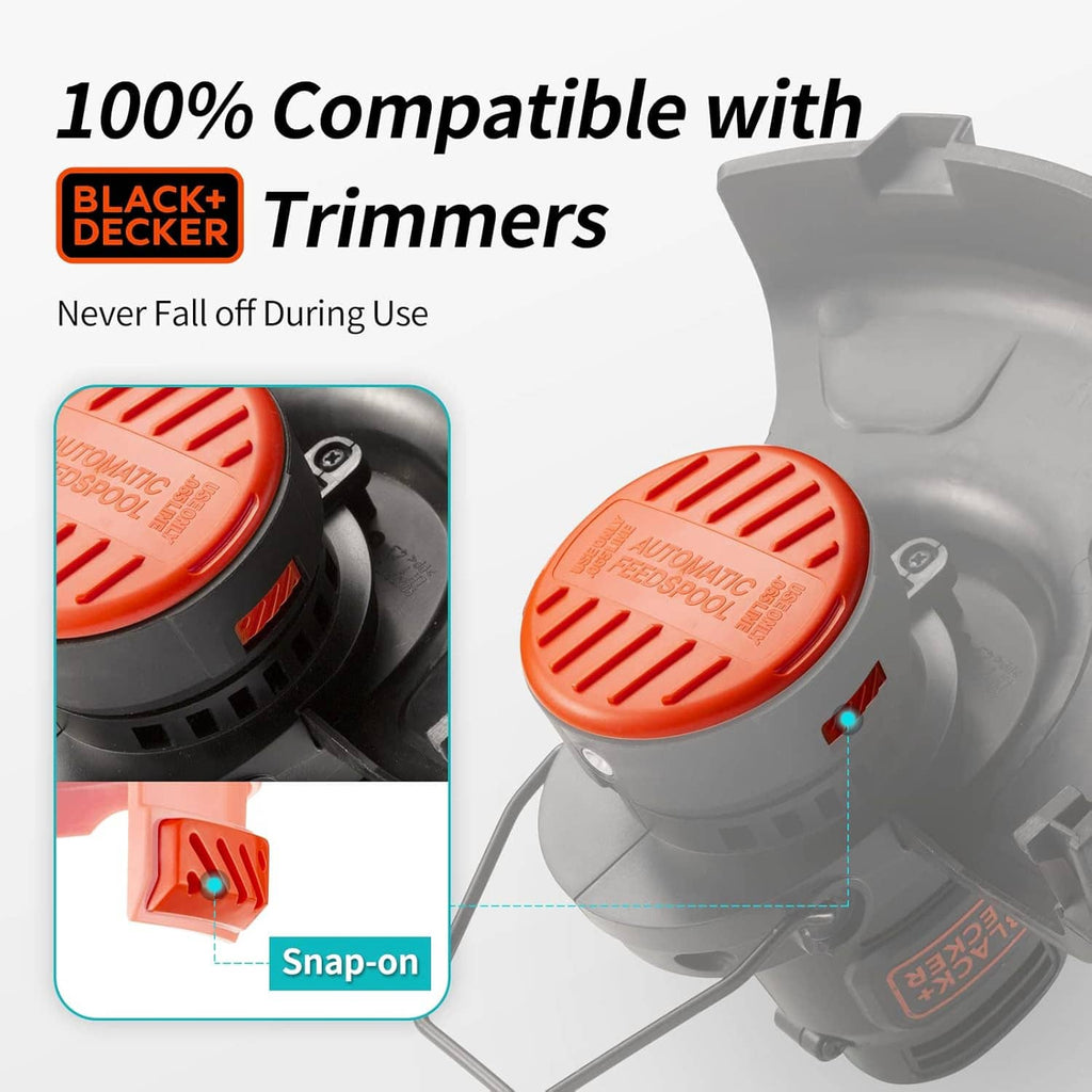 Orange trimmer cap cover with metal spring, shown mounted on a trimmer head