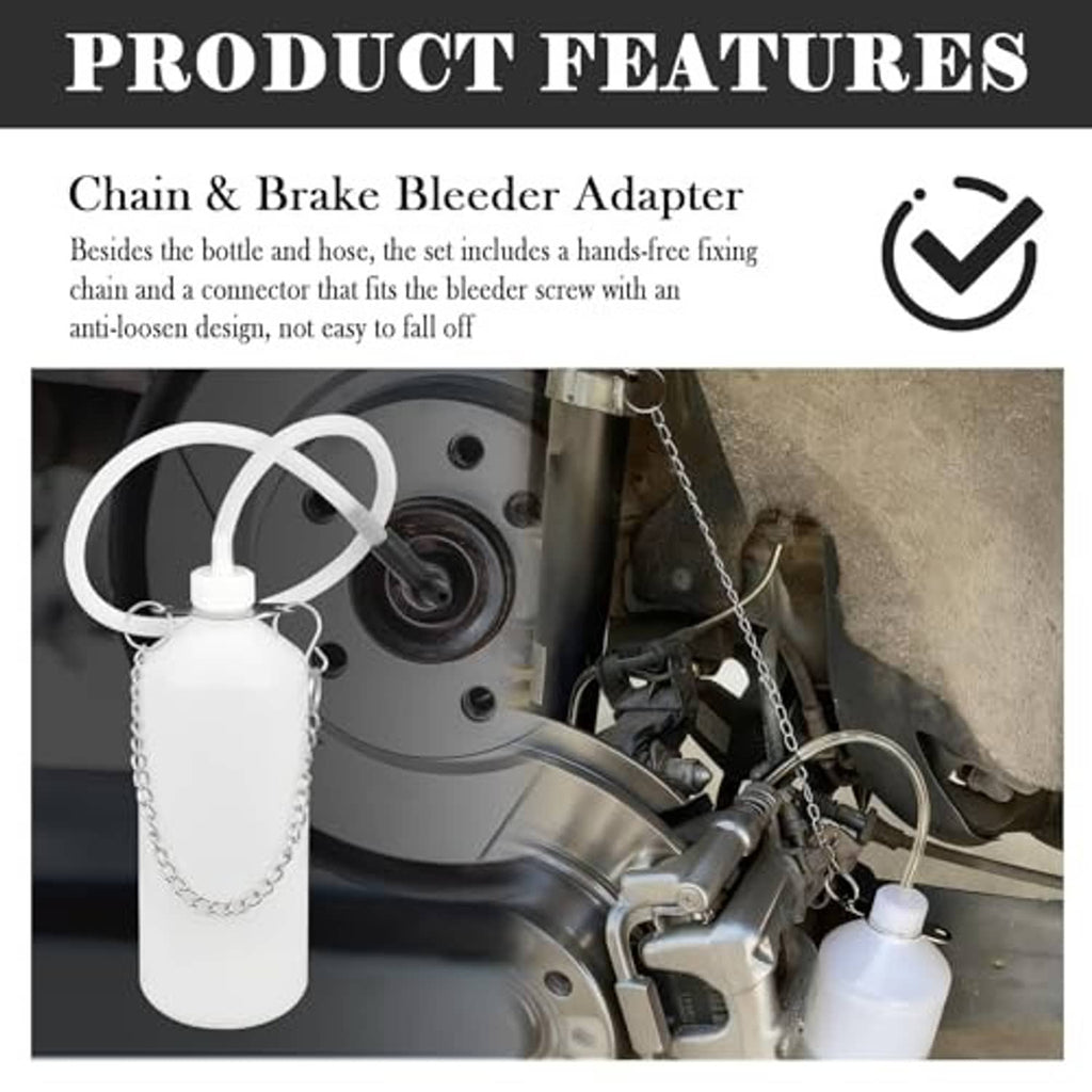 Brake bleeder bottle kit with chain and brake bleeder adapter attached near a wheel hub.