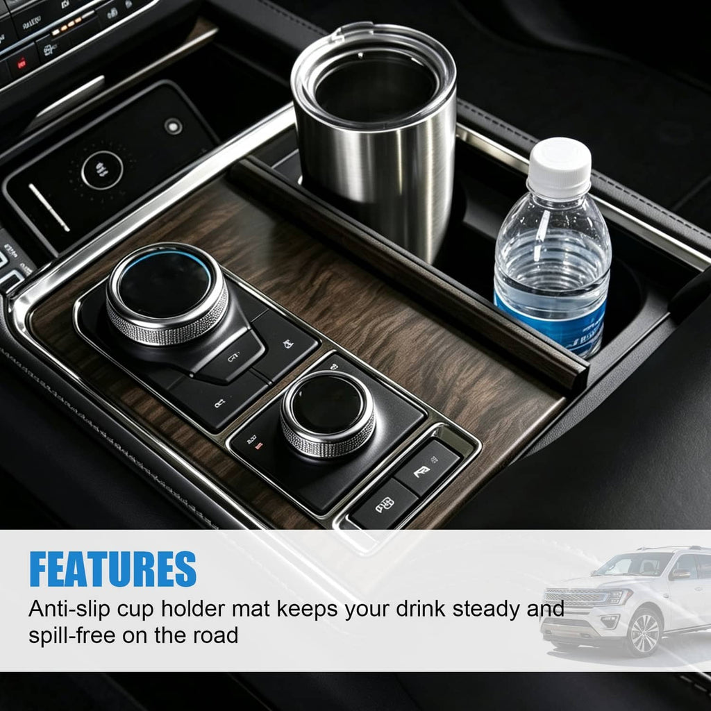 Dual cup holder area in center console with two cup wells and anti-slip style base