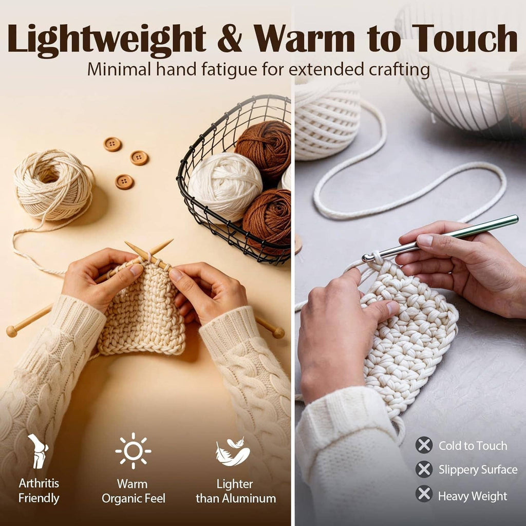 Bamboo knitting needles with warm wood tone, knitting yarn and needle tips visible