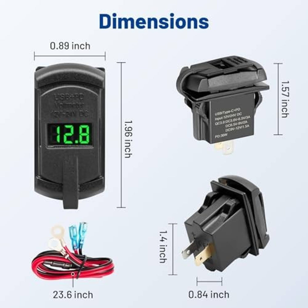 USB PD/QC3.0 rocker switch insert with LED voltage display, shown with dimensions