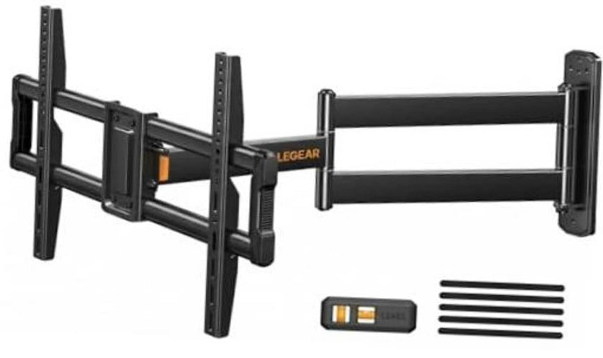 Black corner TV wall mount bracket with long full-motion arms and tilt pivot hardware