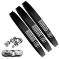 Three black go-kart drive belts with printed numbers and clutch hardware