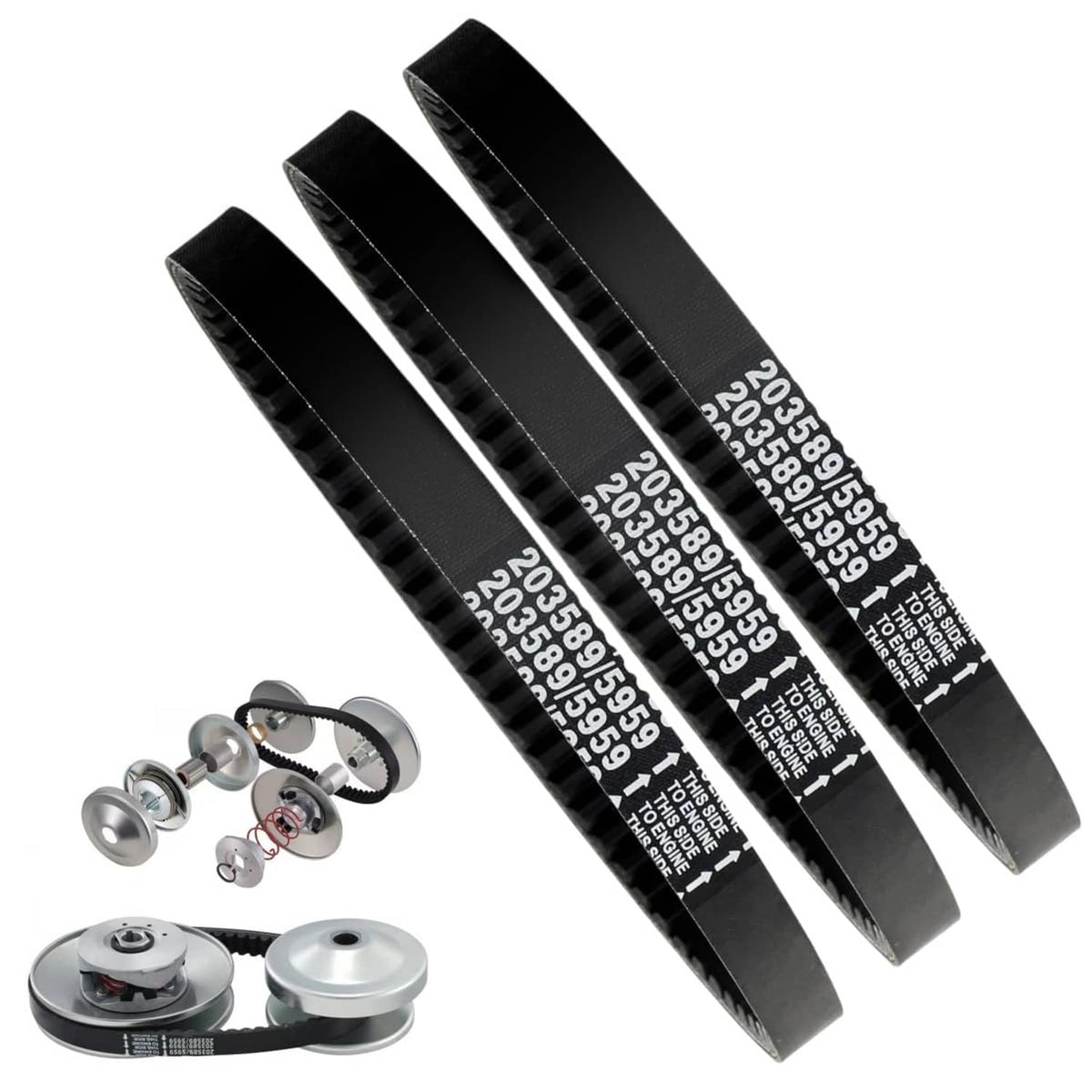 Three black go-kart drive belts with printed numbers and clutch hardware