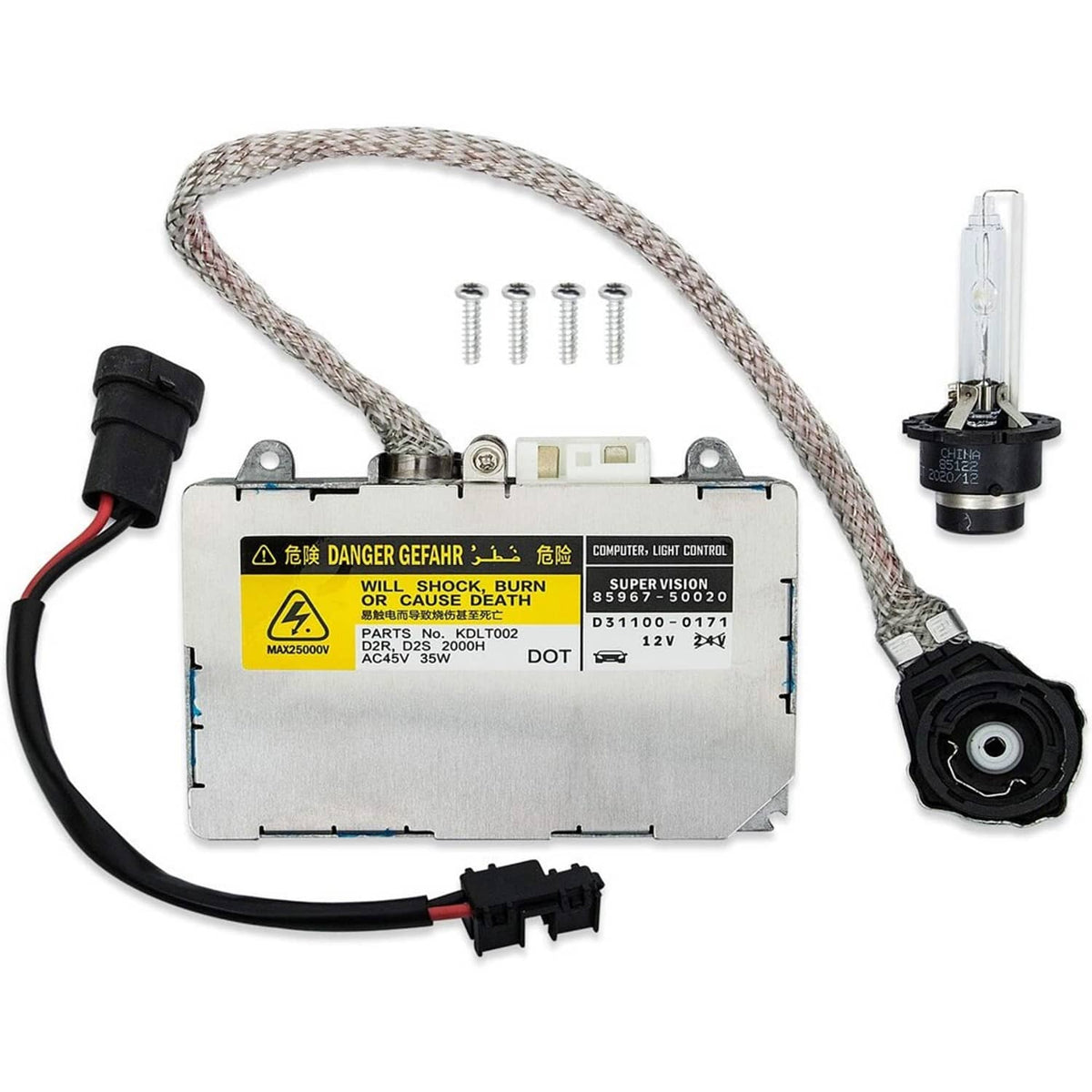 HID xenon ballast control kit with wiring harness, two bulbs, mounting screws
