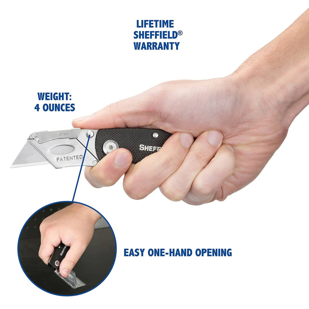 Folding utility knife designed for easy one-hand opening; textured aluminum handle