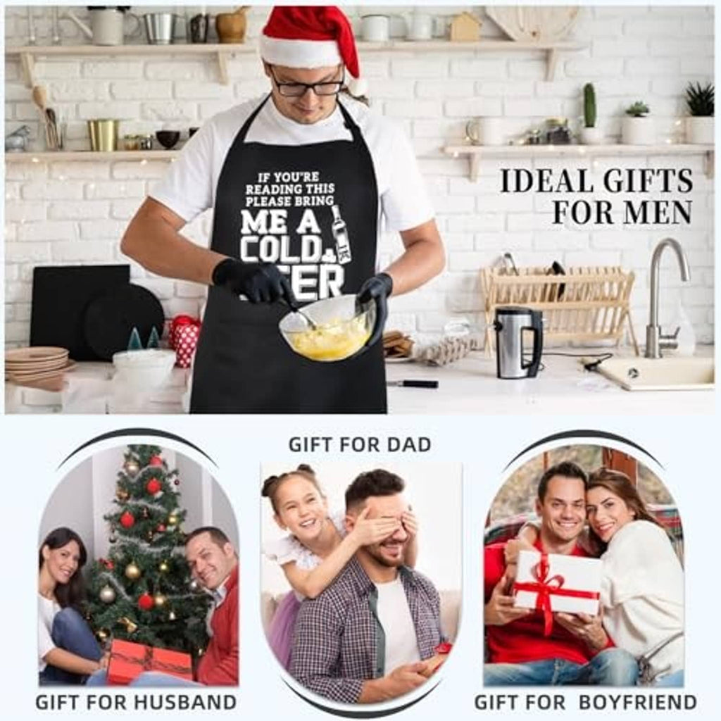 Black beer slogan chef apron on a man preparing food; adjustable neck strap