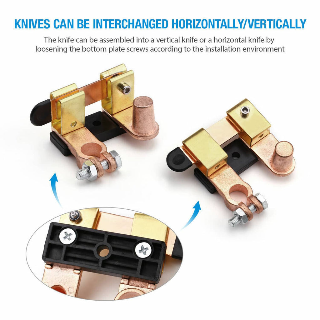 Battery knife disconnect switch with interchangeable blade orientation, copper contacts