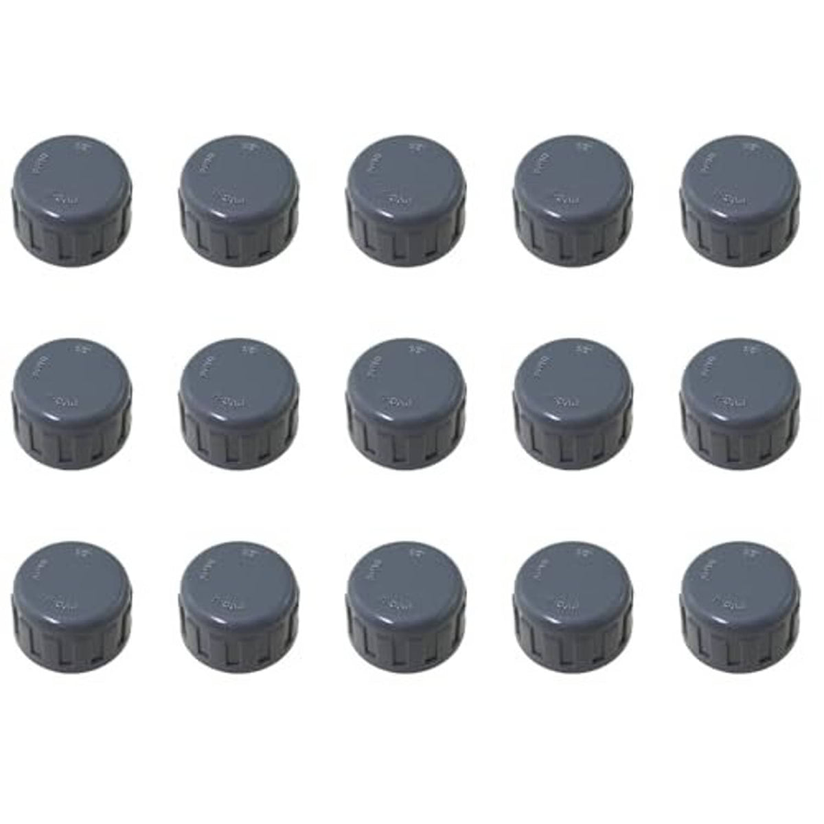 Grey PVC threaded cap plugs, multiple round adapters with ridged grip tops