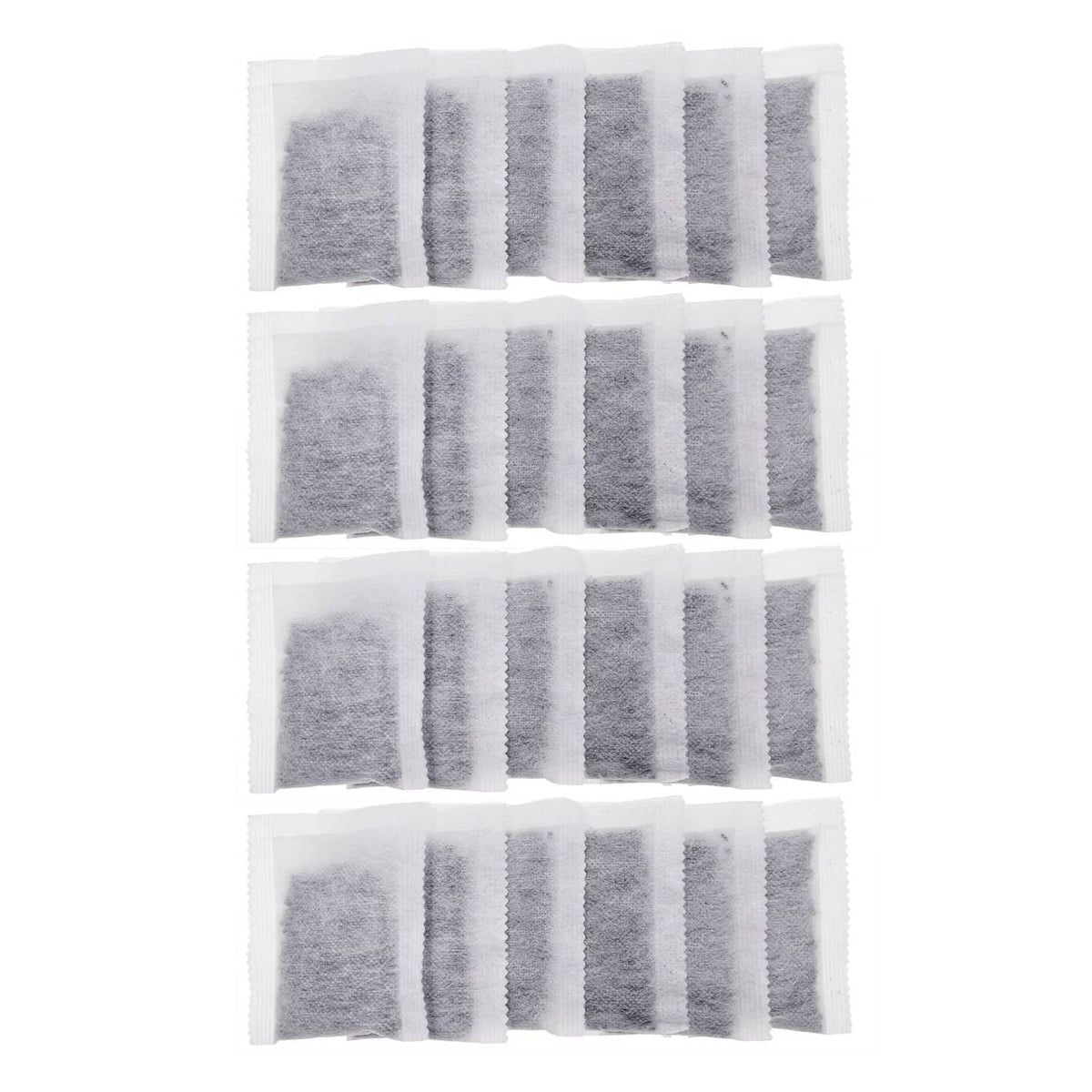 Activated charcoal distiller replacement pads, white sachets with grey charcoal pieces