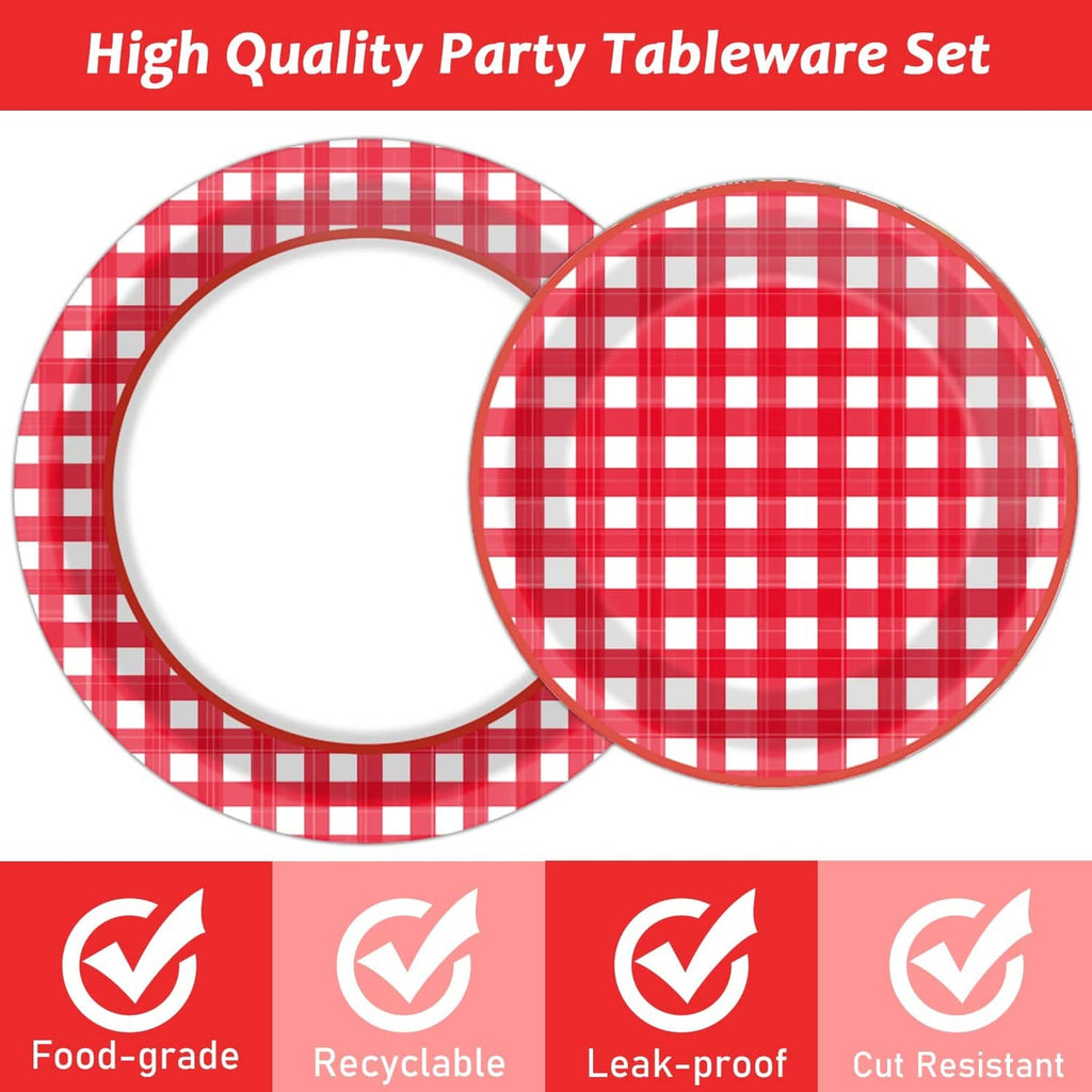 Red and white gingham paper plates set with close-up of plate rims