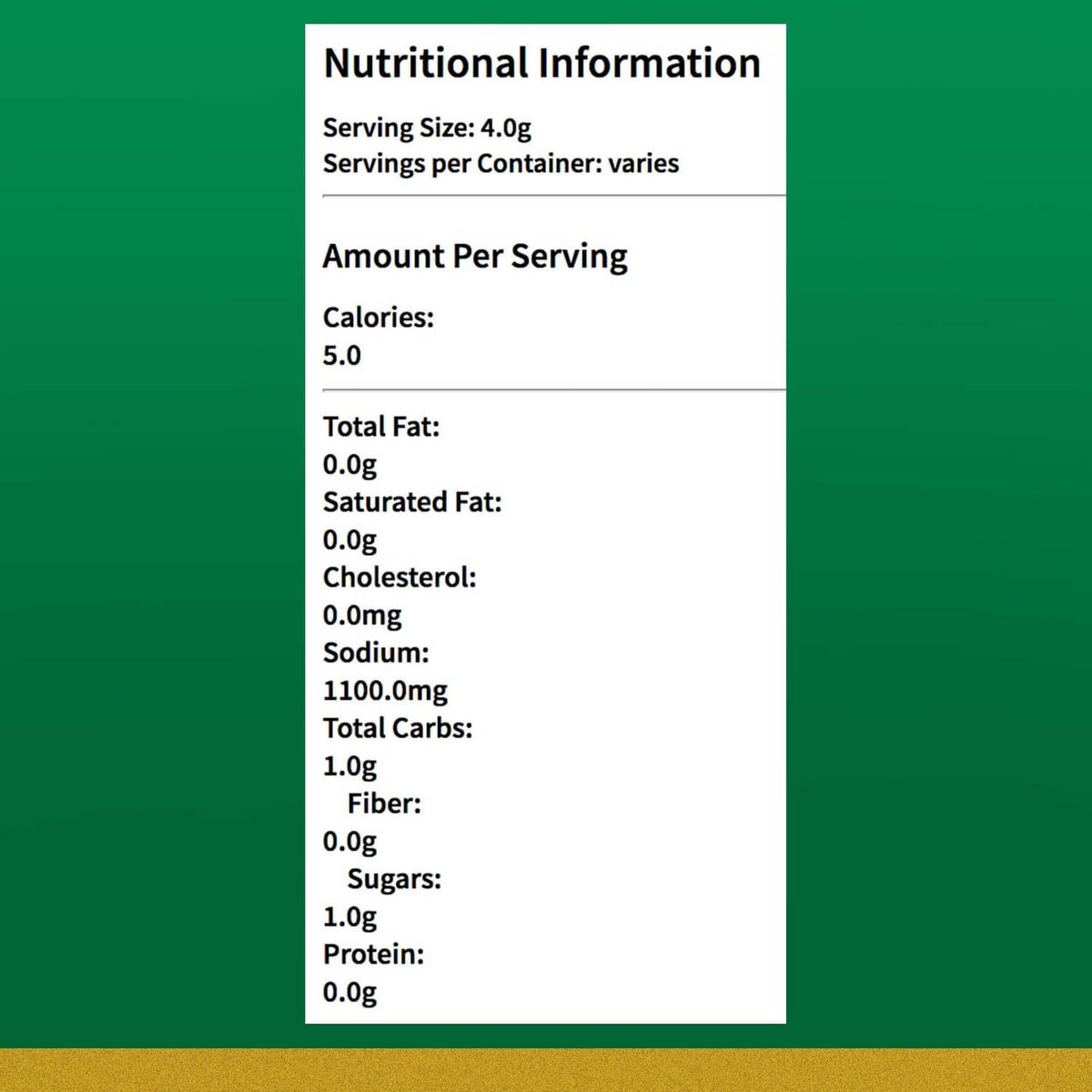 Nutrition facts panel for Herb-Ox chicken bouillon, serving size 4.0 g