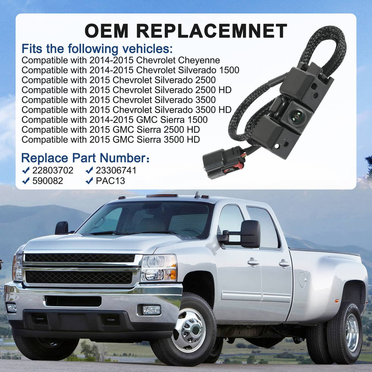 Rear view backup camera with wiring harness and connector plug, black mounting bracket