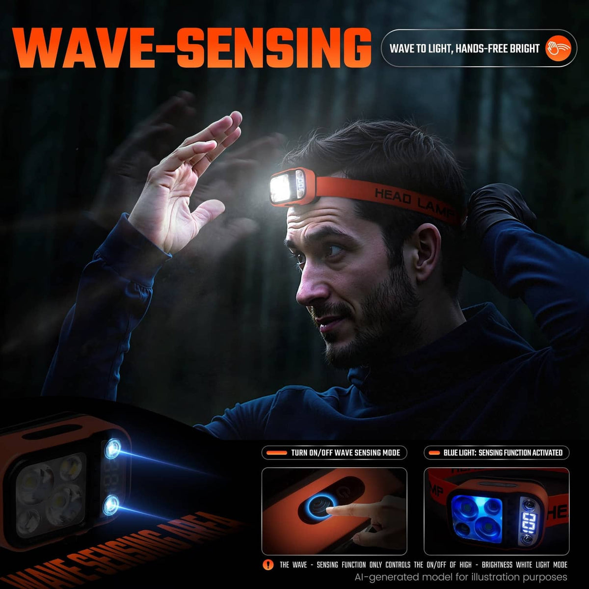 Orange LED headlamp worn on a person’s forehead with adjustable elastic strap